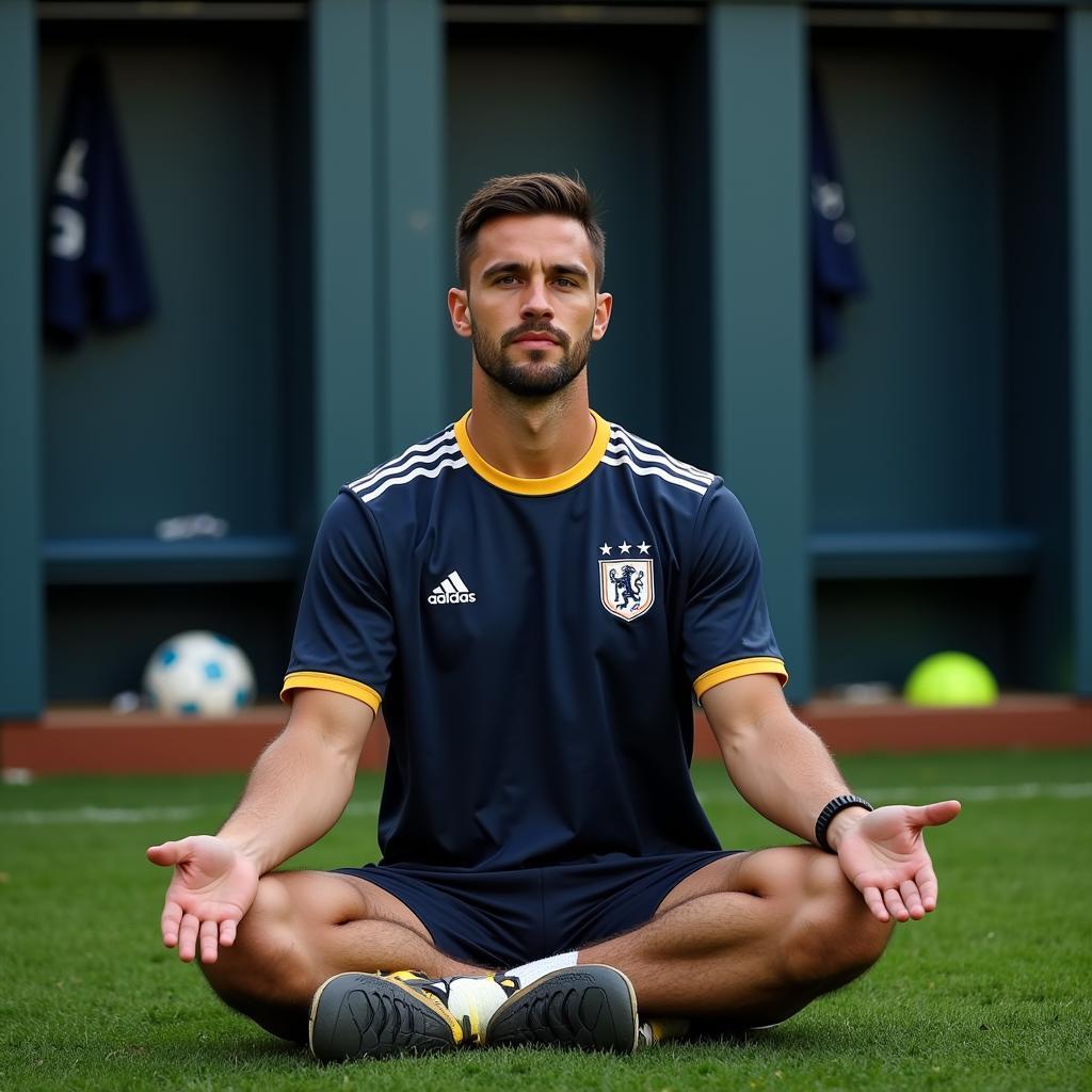 Football player practicing mindfulness and meditation techniques to improve emotional control and manage temperament.