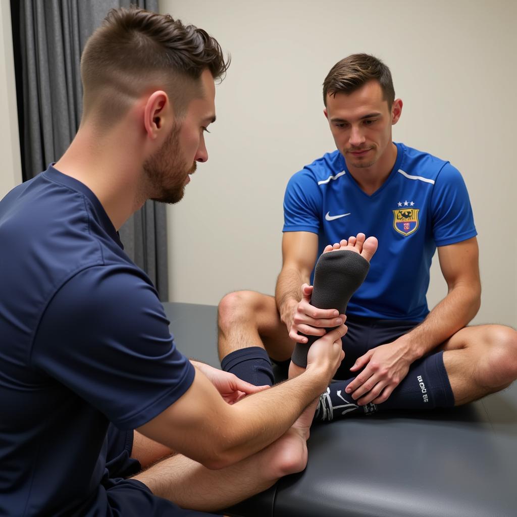 A football player receiving treatment for a foot injury