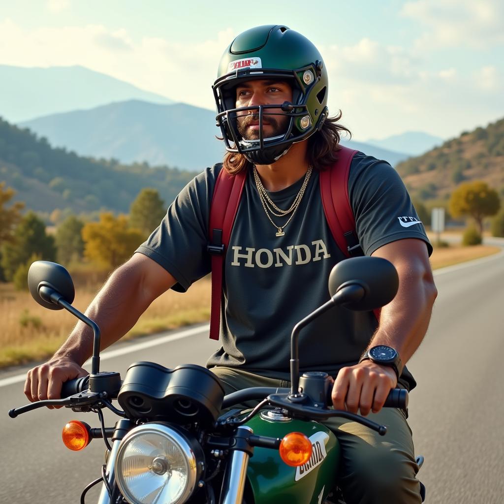 Football Player Riding a Honda Motorcycle