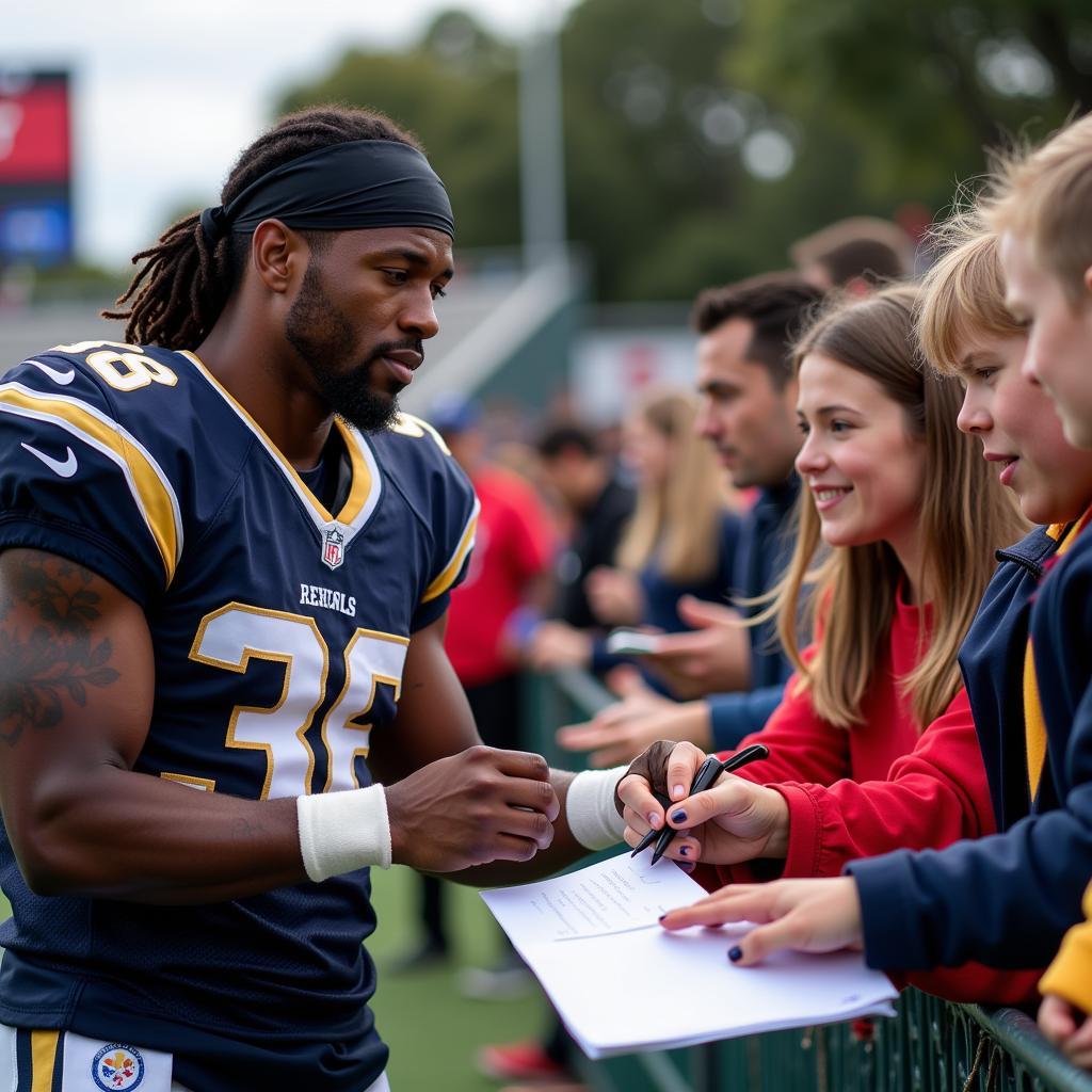 A football player signing an autograph for fans