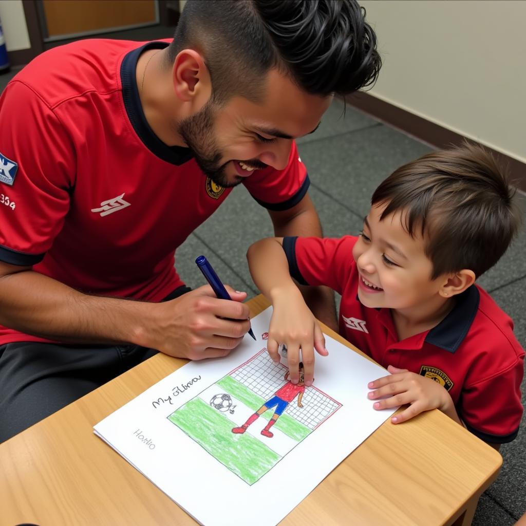 Football Player Signing Autographs on Child's Drawing