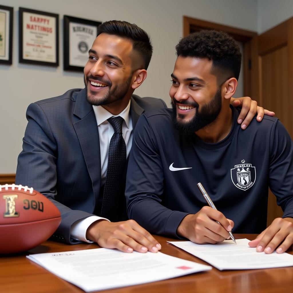 Football player signing contract with his agent present