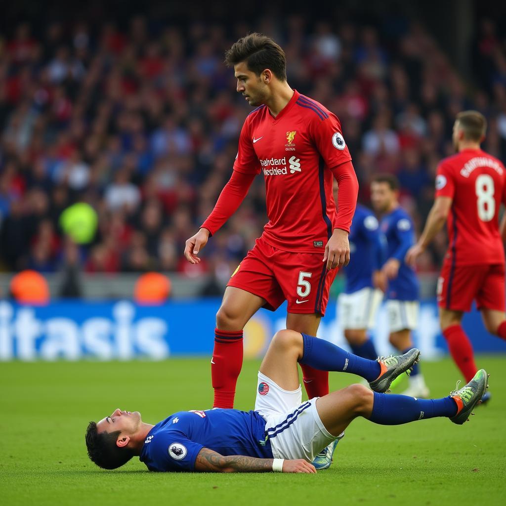 Football player stepping on another player's face during a match in Thai Nguyen, Vietnam. The image captures the moment of impact, highlighting the severity of the action.