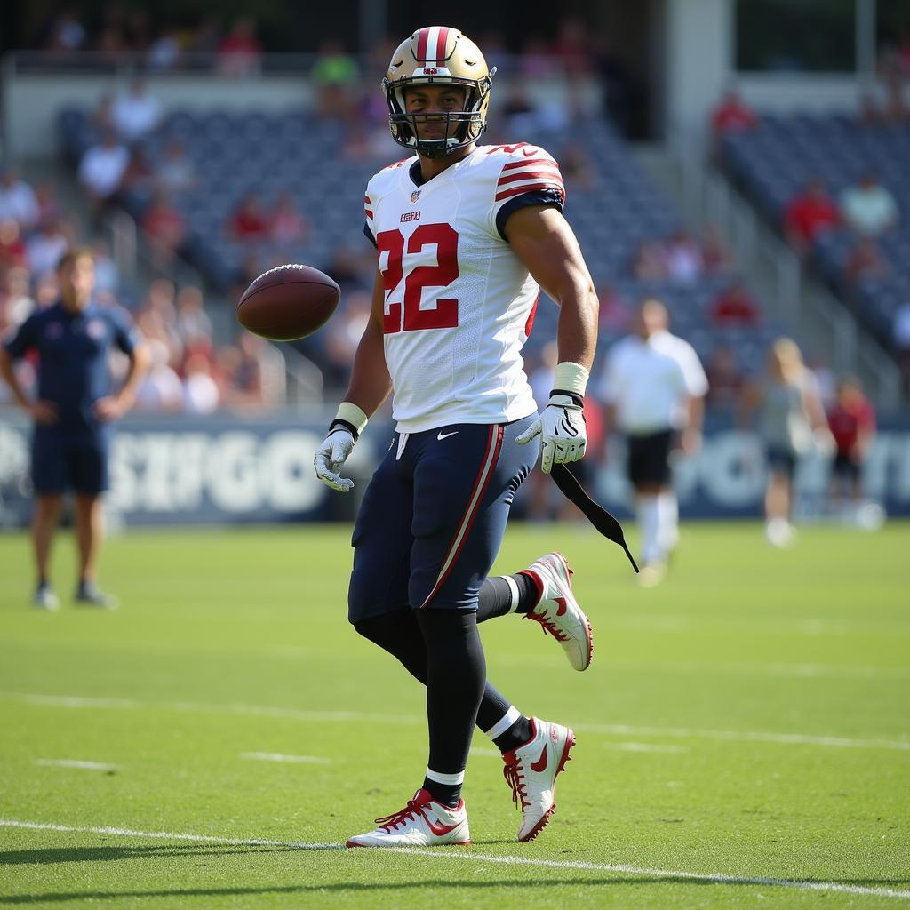 Football player stretching to prevent muscle cramps