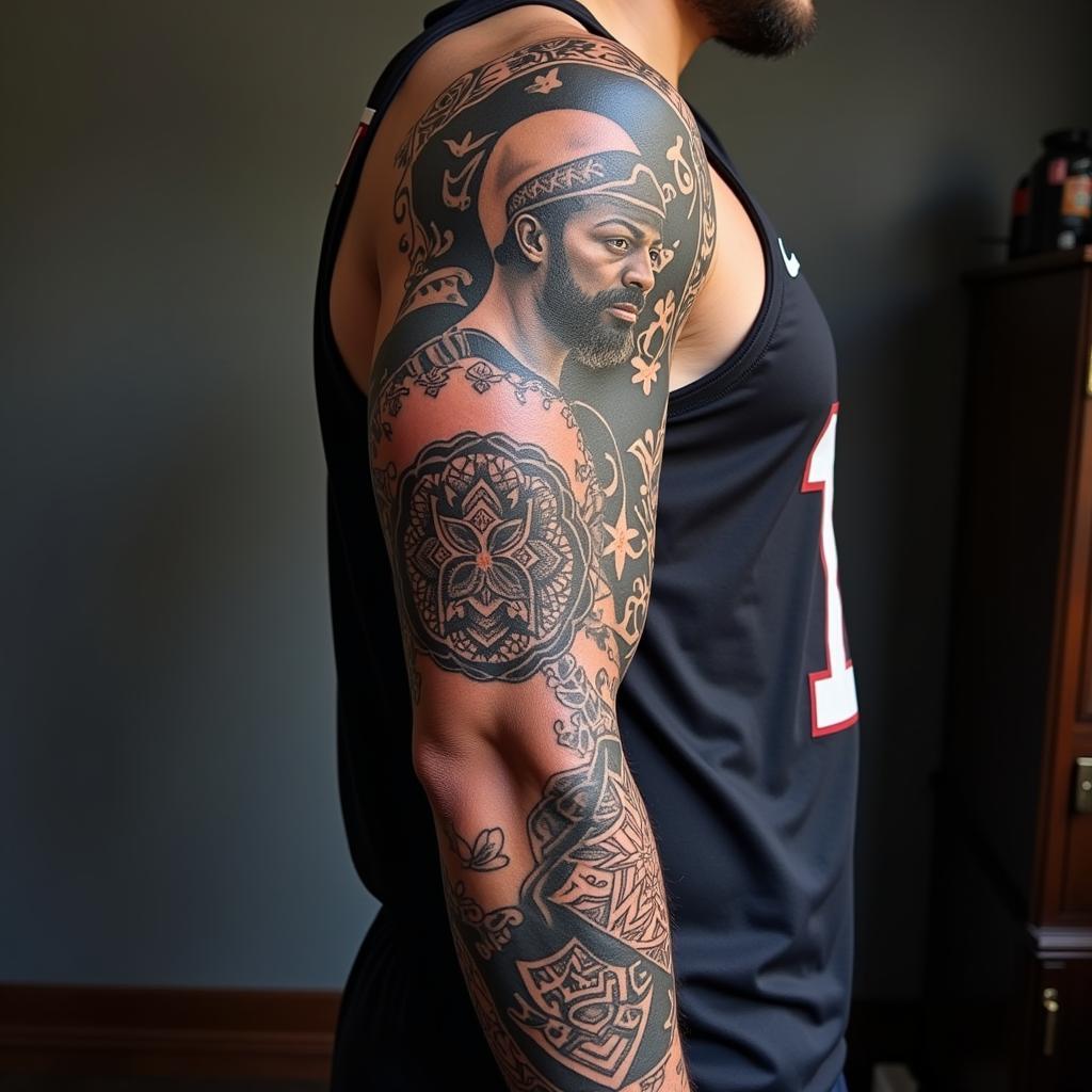 Football Player with Intricate Arm Sleeve Tattoo