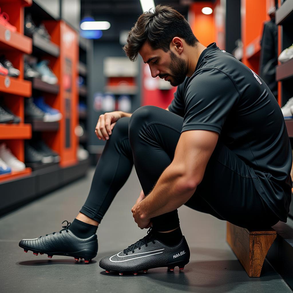 Football Player Trying on Boots