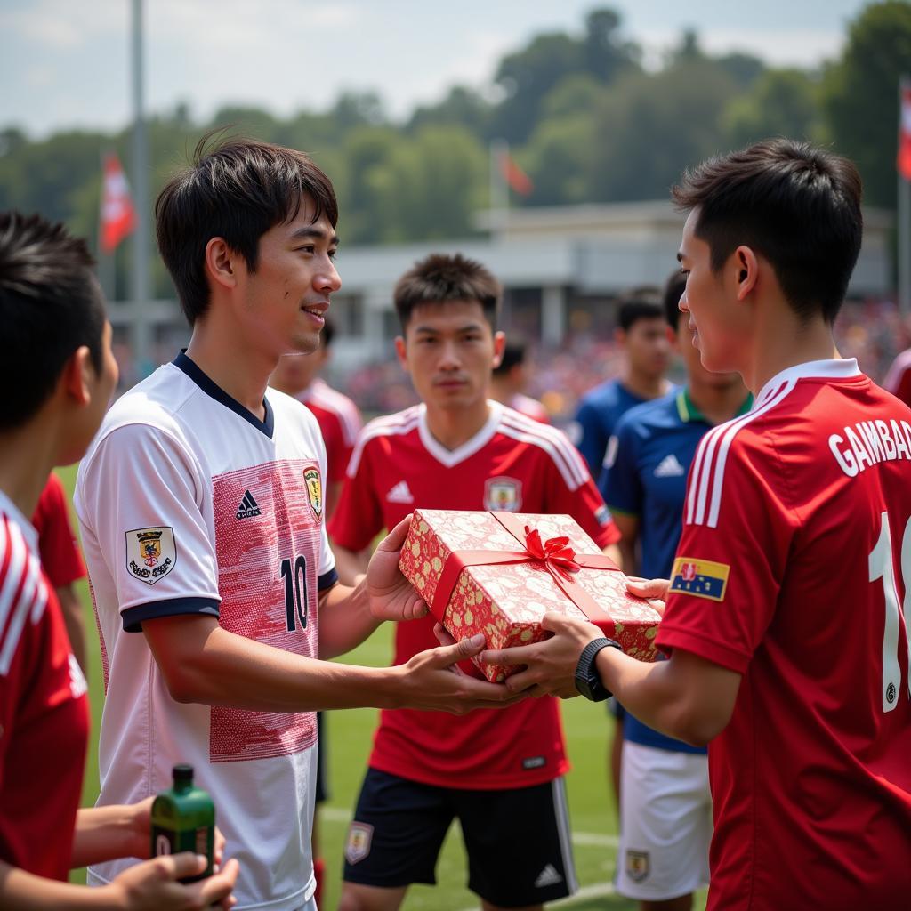 Football Players and Japanese Fans Exchanging Gifts