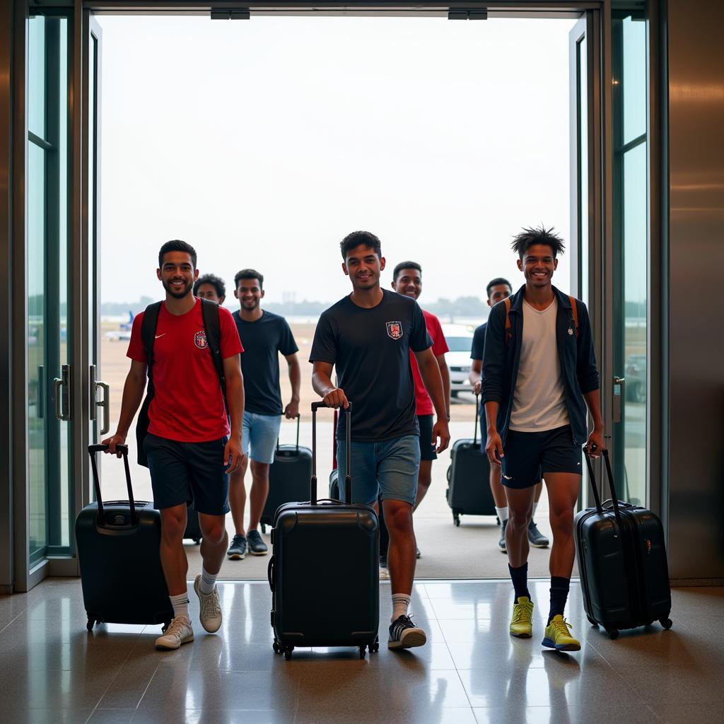 Football players arriving at Phnom Penh International Airport, ready to join the Cambodian Premier League.