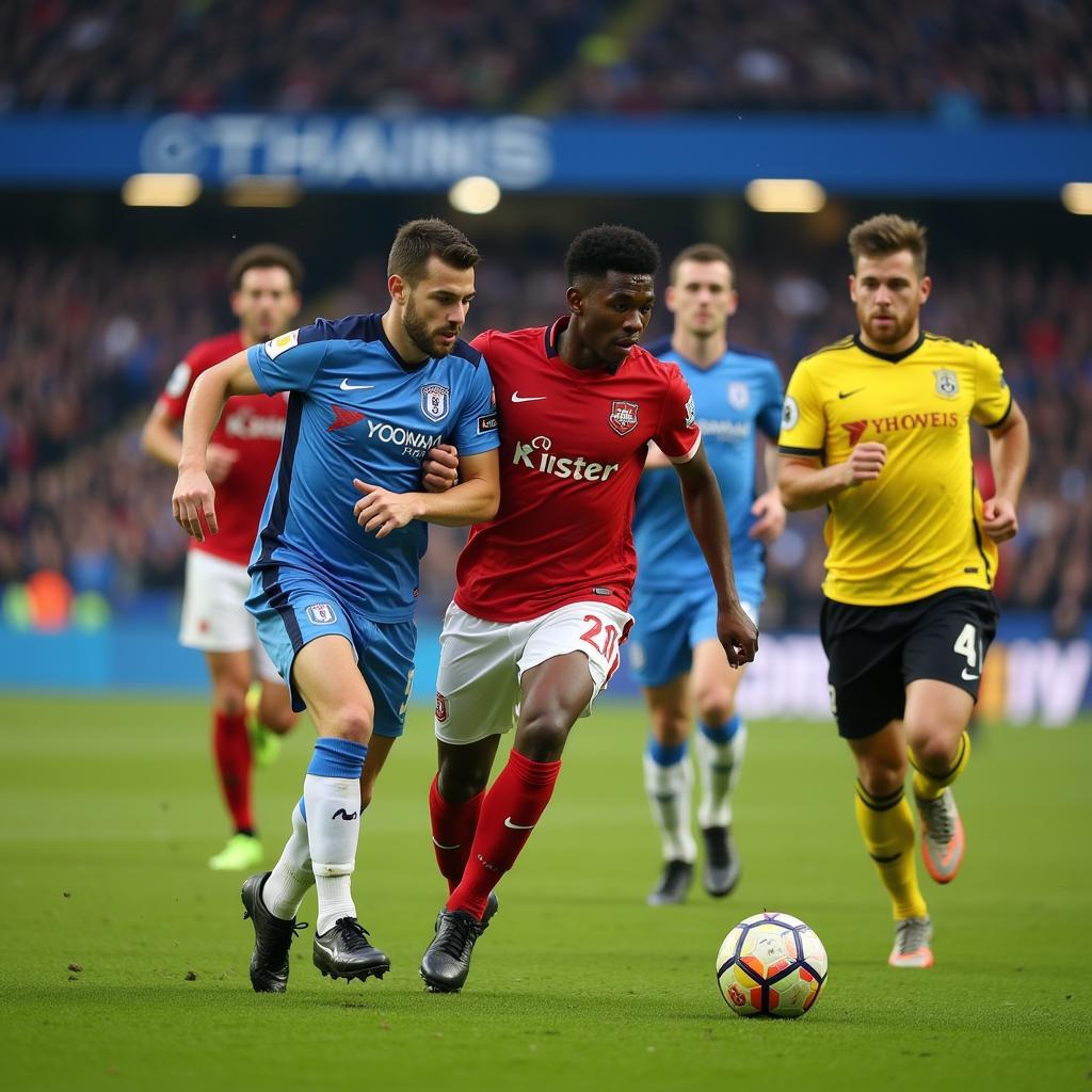 Multiple football players racing for the ball during an intense match moment