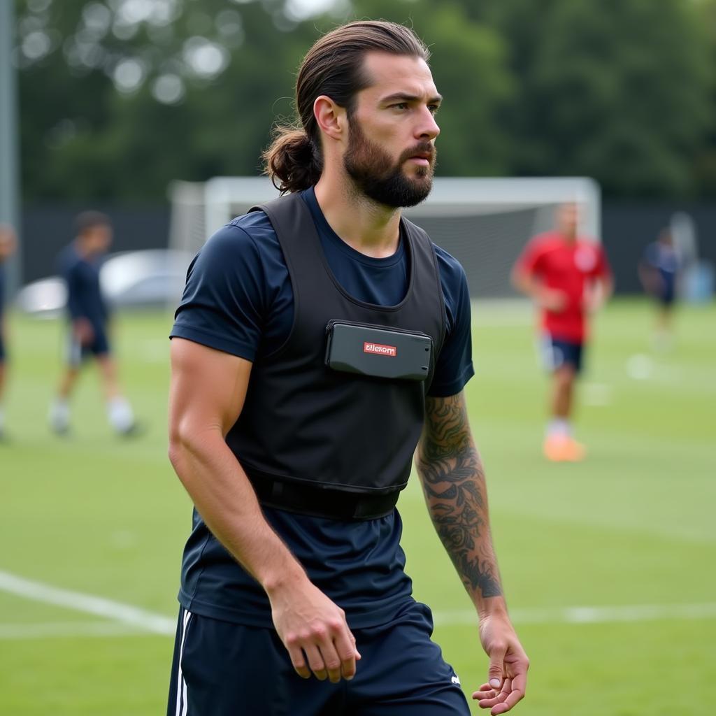 Football player wearing GPS vest during training