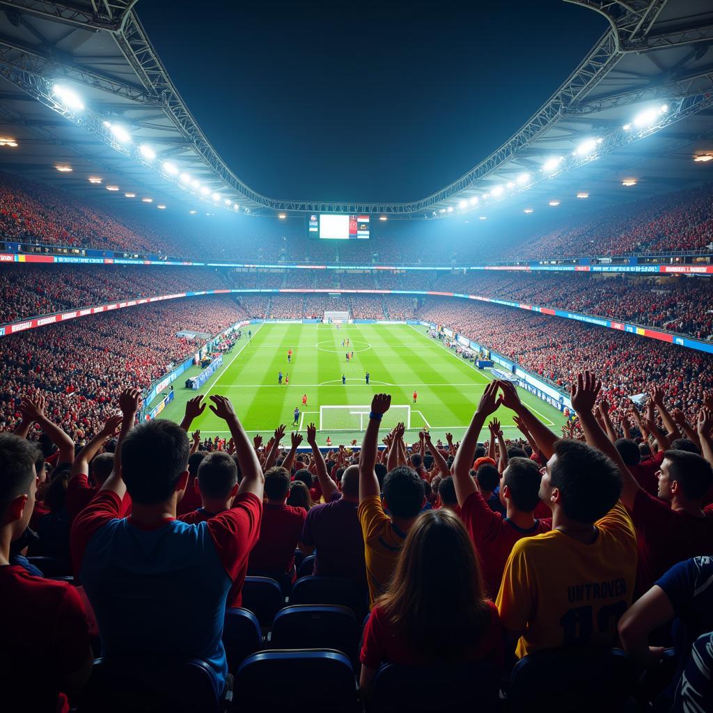 A vibrant football stadium packed with cheering fans