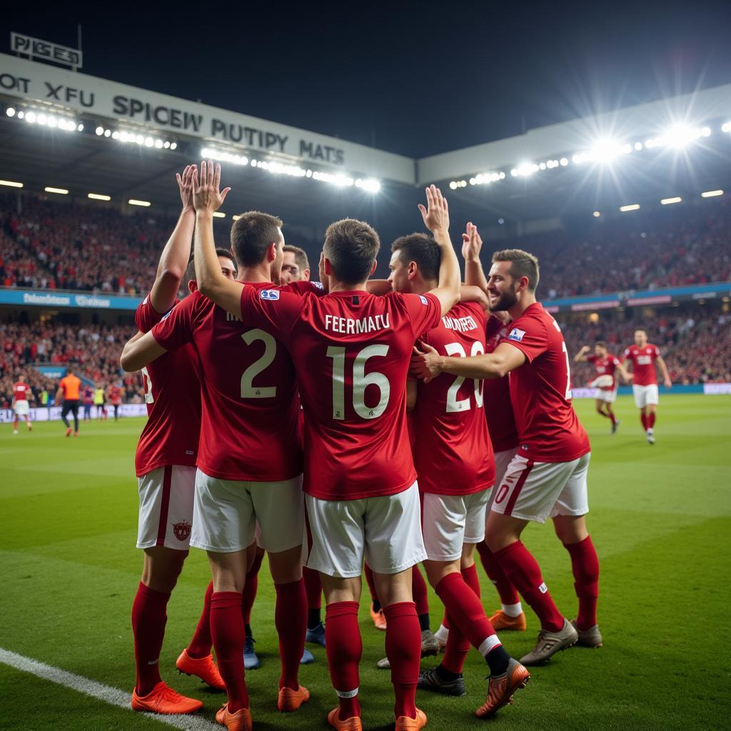 A triumphant football team celebrating their victory