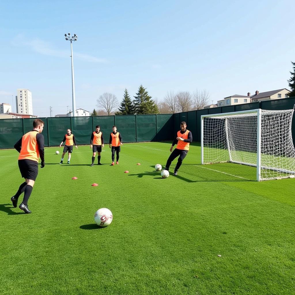 Football players practicing finishing drills on the training ground.