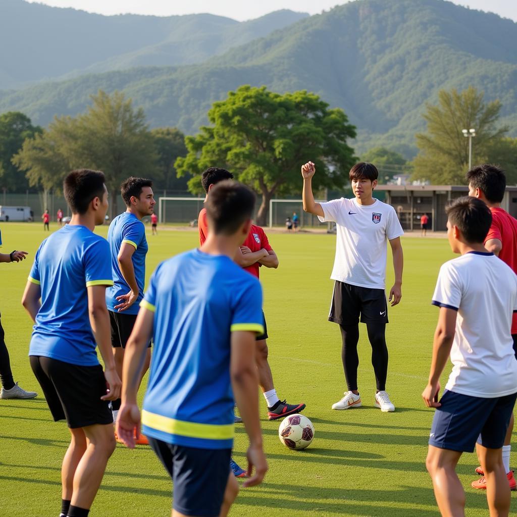 A training session with Cambodian players and foreign professionals, fostering skill development and collaboration.