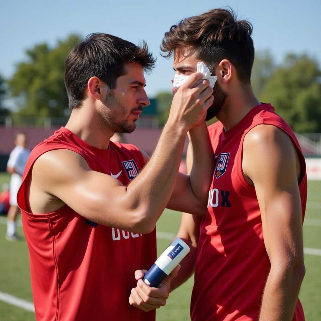 Football Player applying Sunscreen before Training