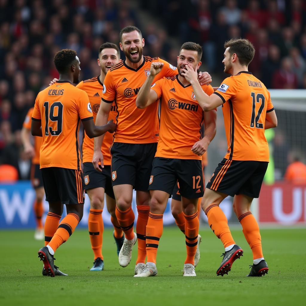 Footballer Celebrating Goal with Teammates