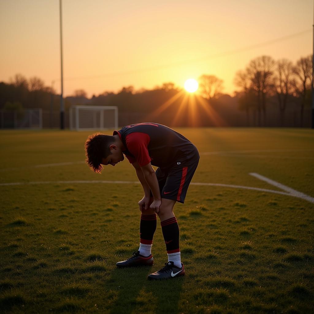 A young footballer contemplates on the field, seemingly burdened by unseen emotions.