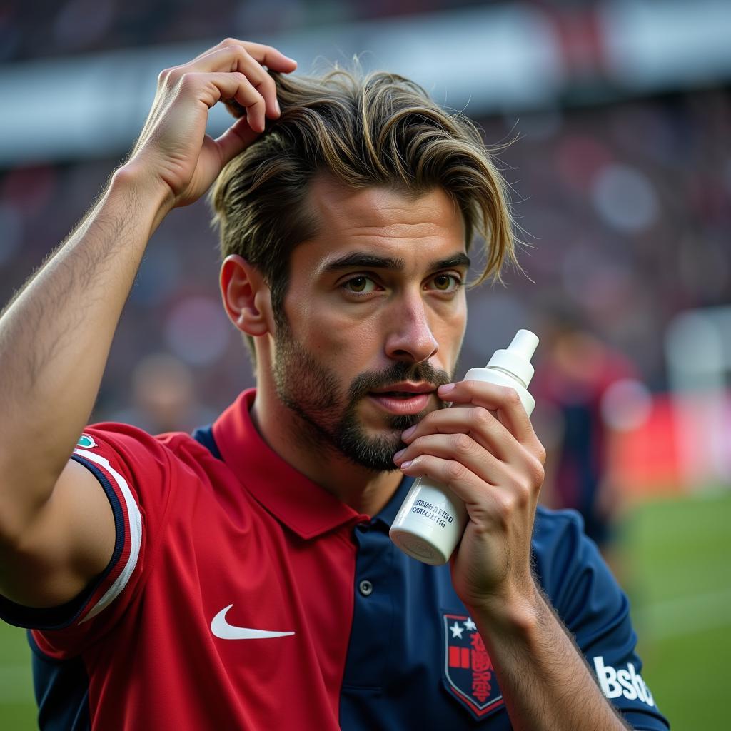 Footballer applying hair product