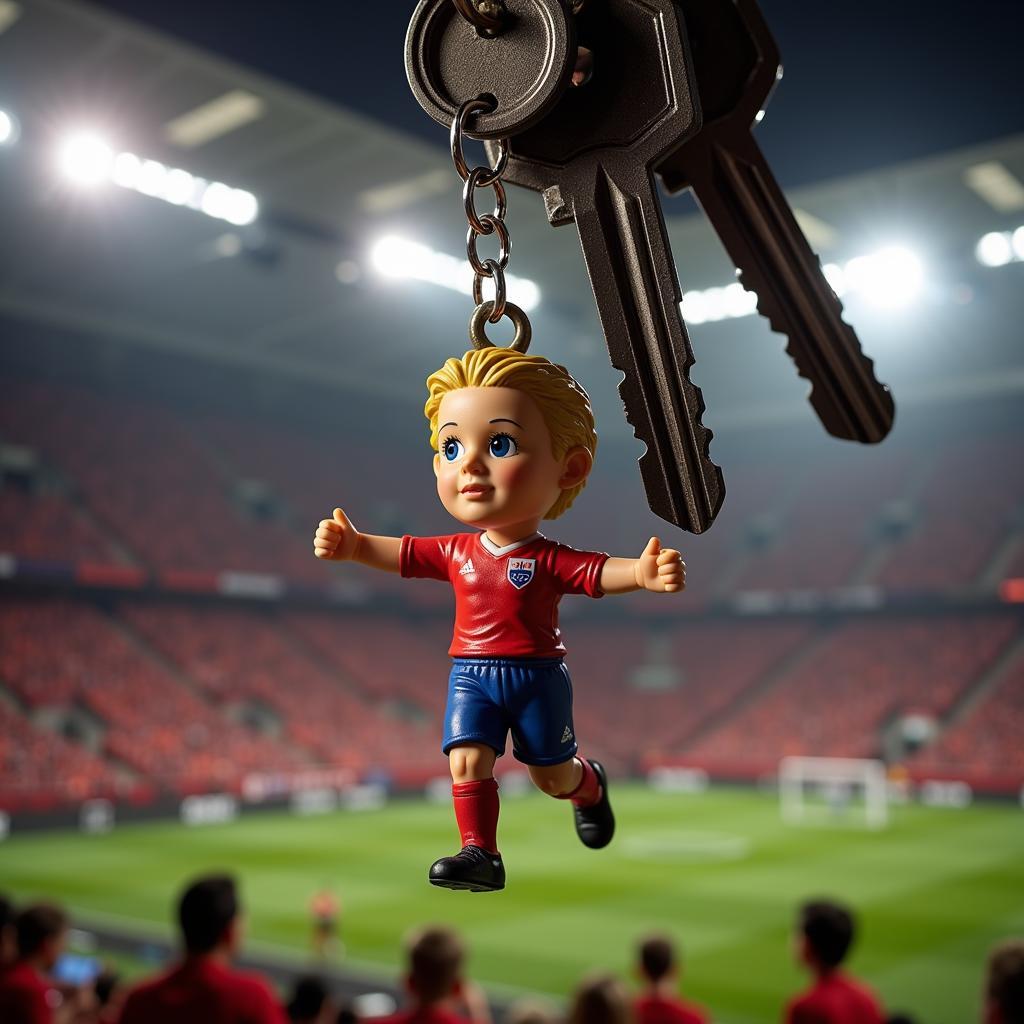 Close-up of a footballer keychain depicting Erling Haaland