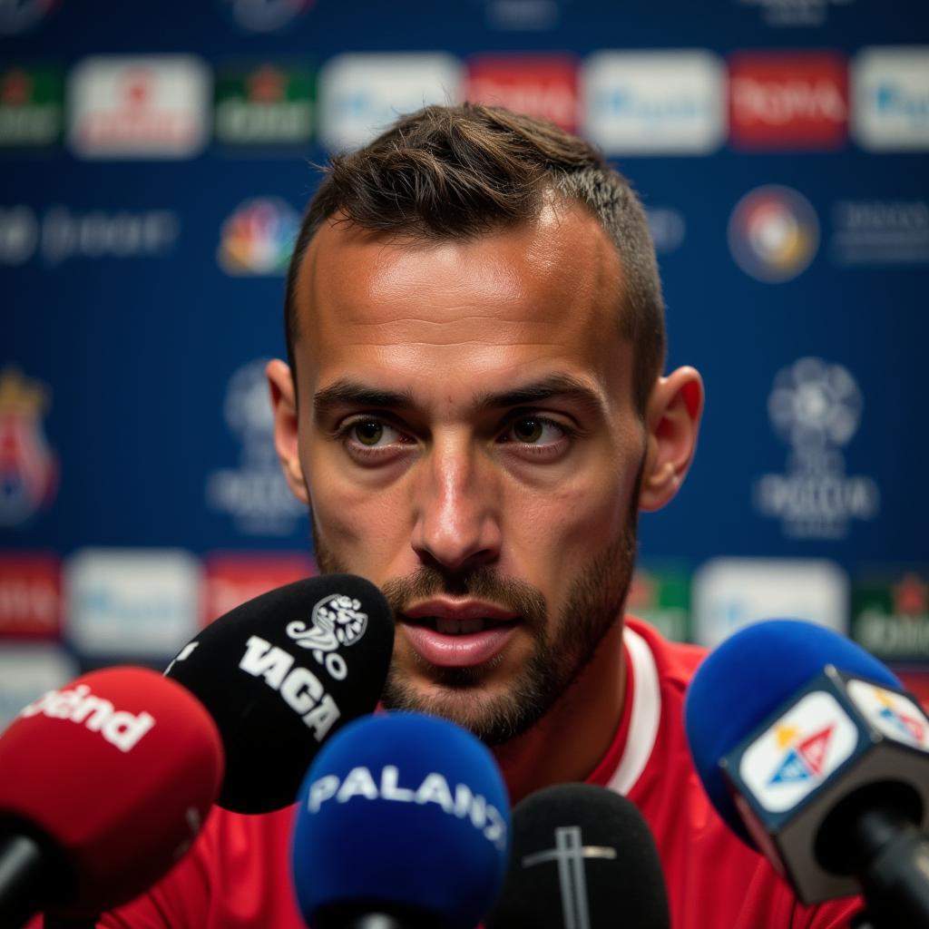 A footballer surrounded by cameras and microphones, highlighting the media attention they receive.