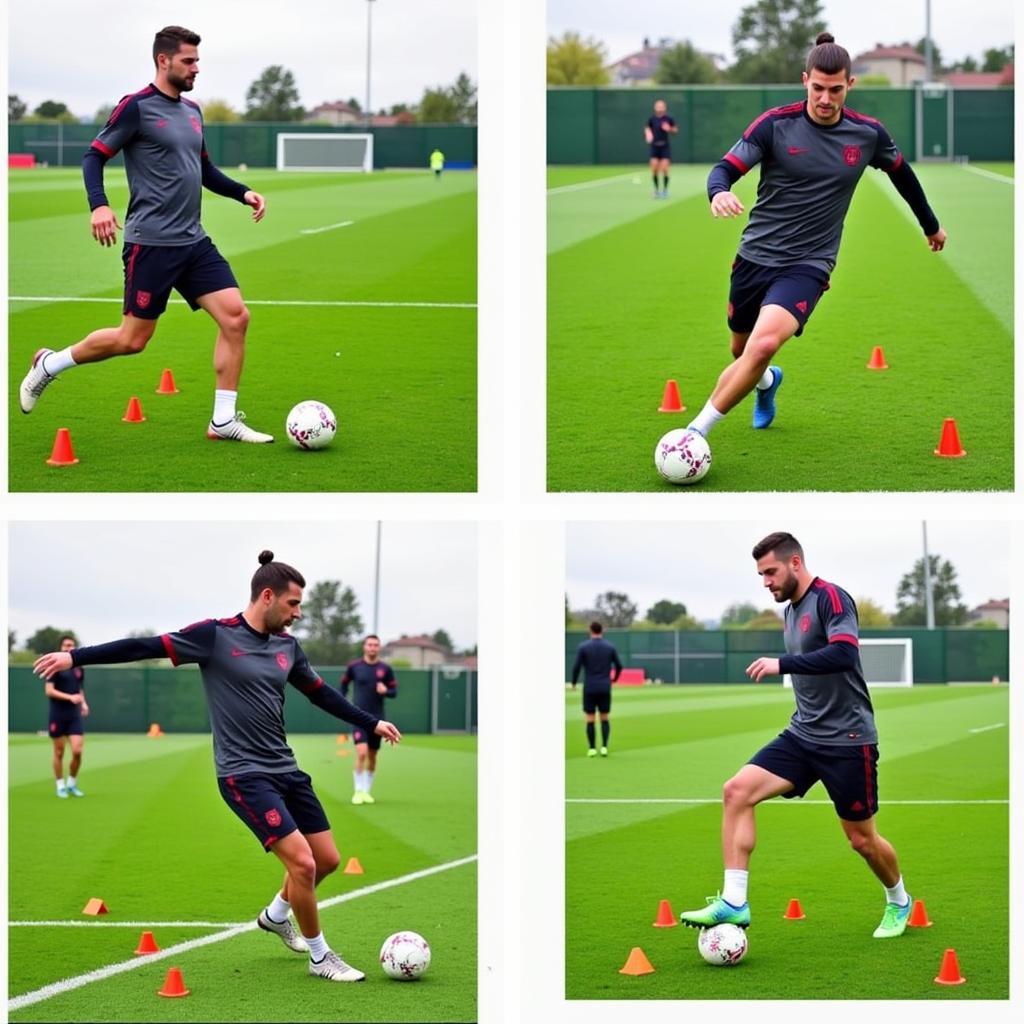 Footballer practicing dribbling and ball control drills