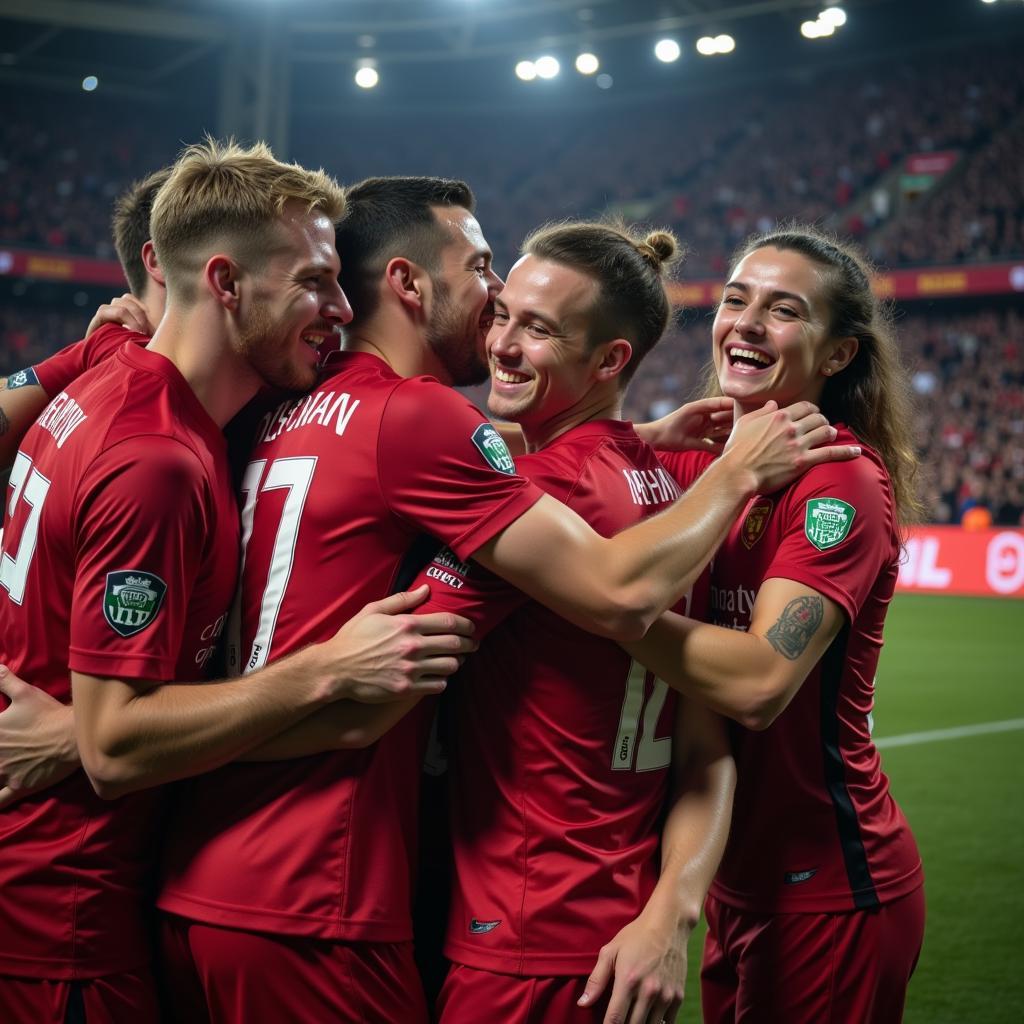 Footballers celebrating a victory with tears of joy