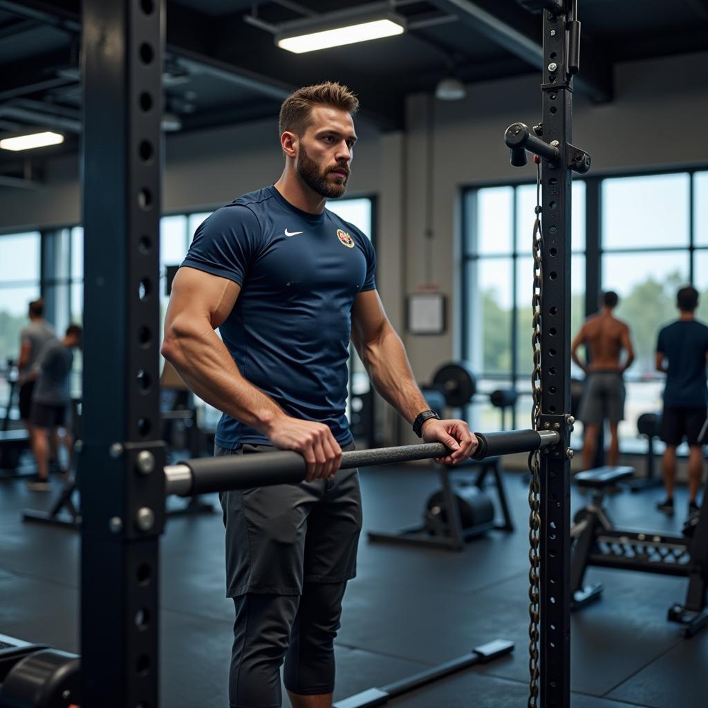 A football player undergoing advanced training techniques to enhance strength and performance.