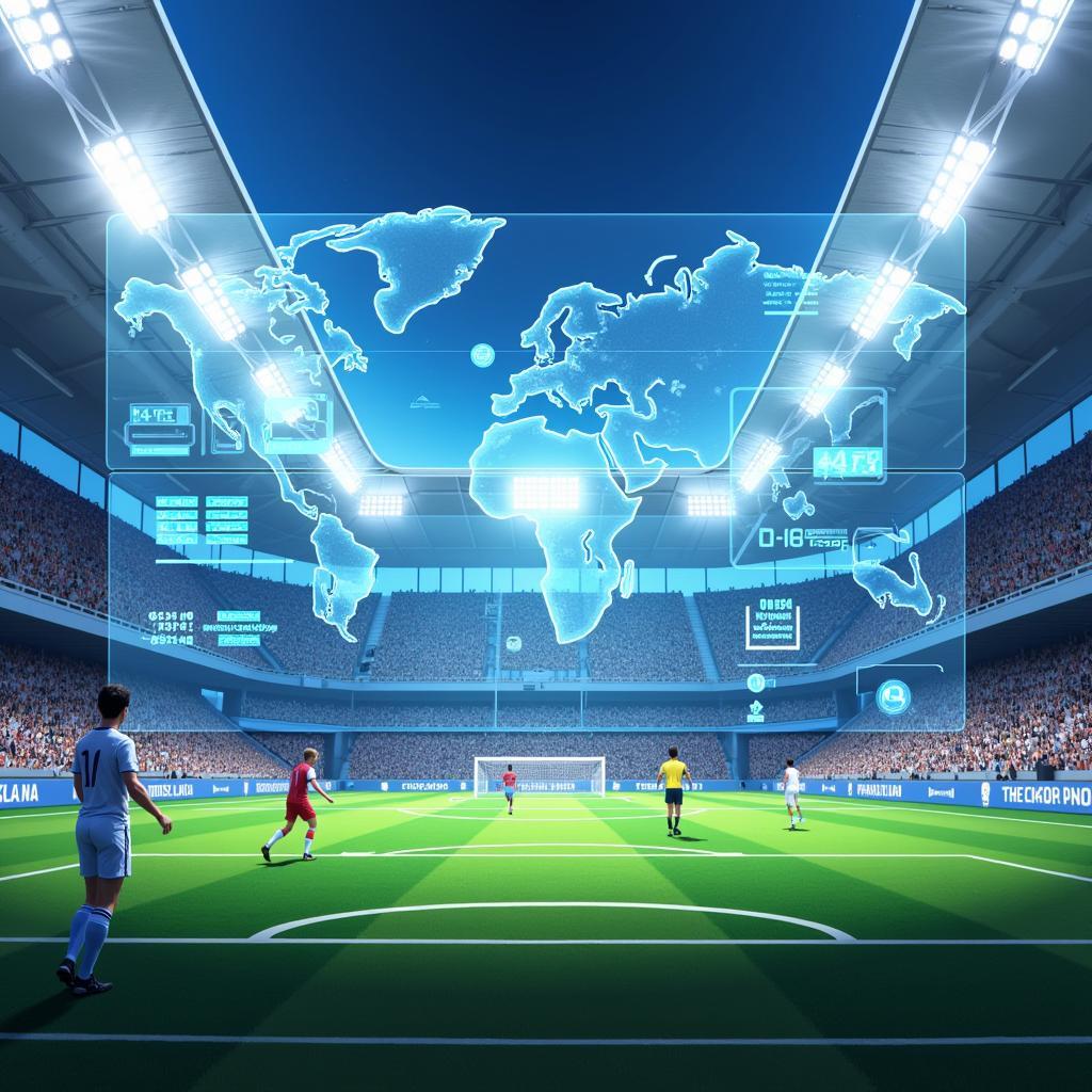 Futuristic anime football stadium with holographic display