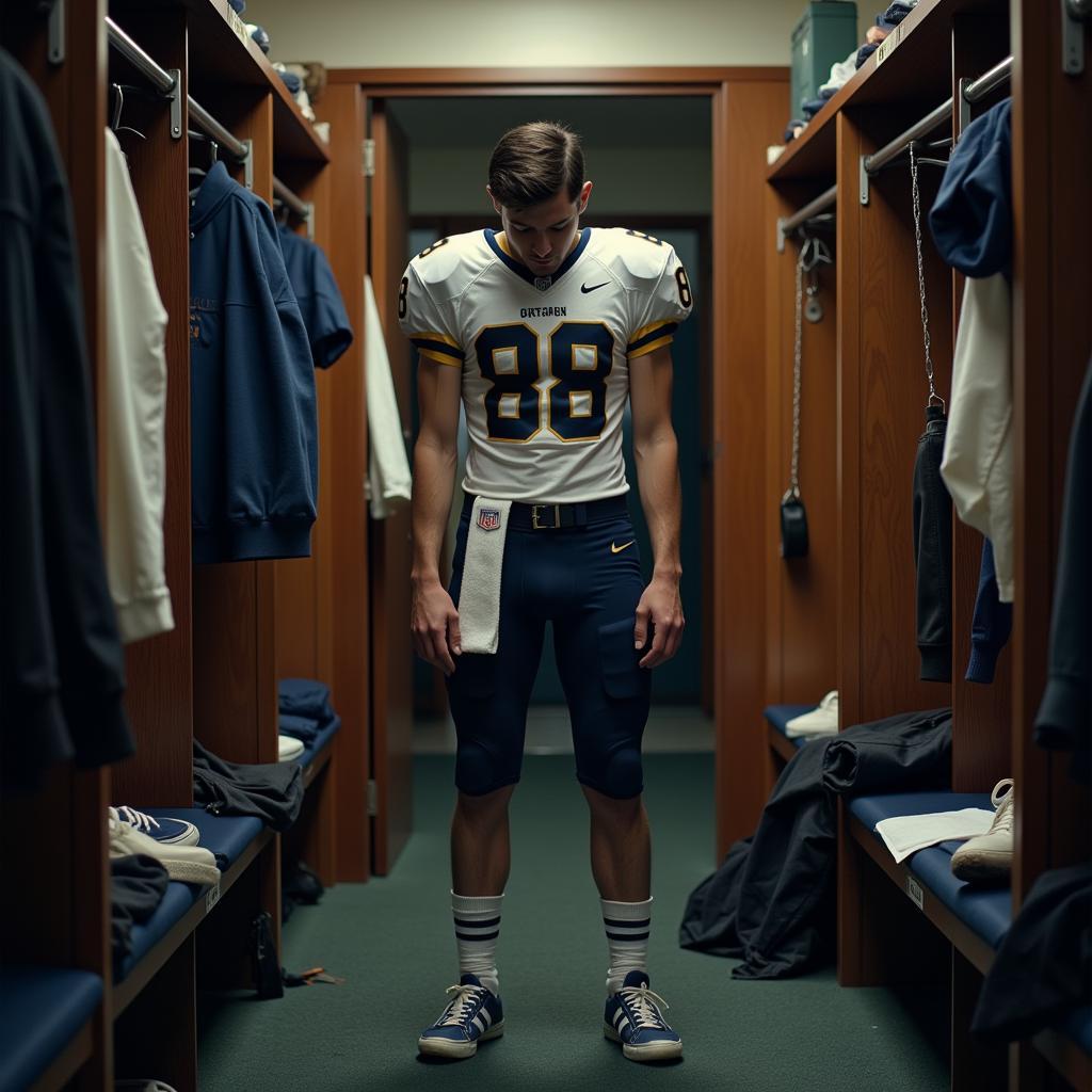 A gay football player sitting alone in the locker room, looking thoughtful.