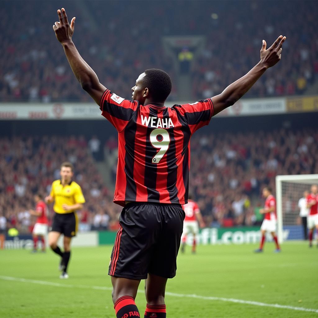 George Weah in his AC Milan prime, displaying his iconic number 9 jersey and celebrating a goal.