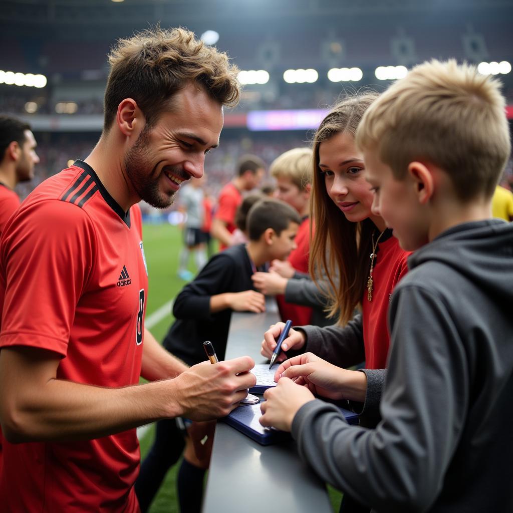 German player signing autographs for young fans