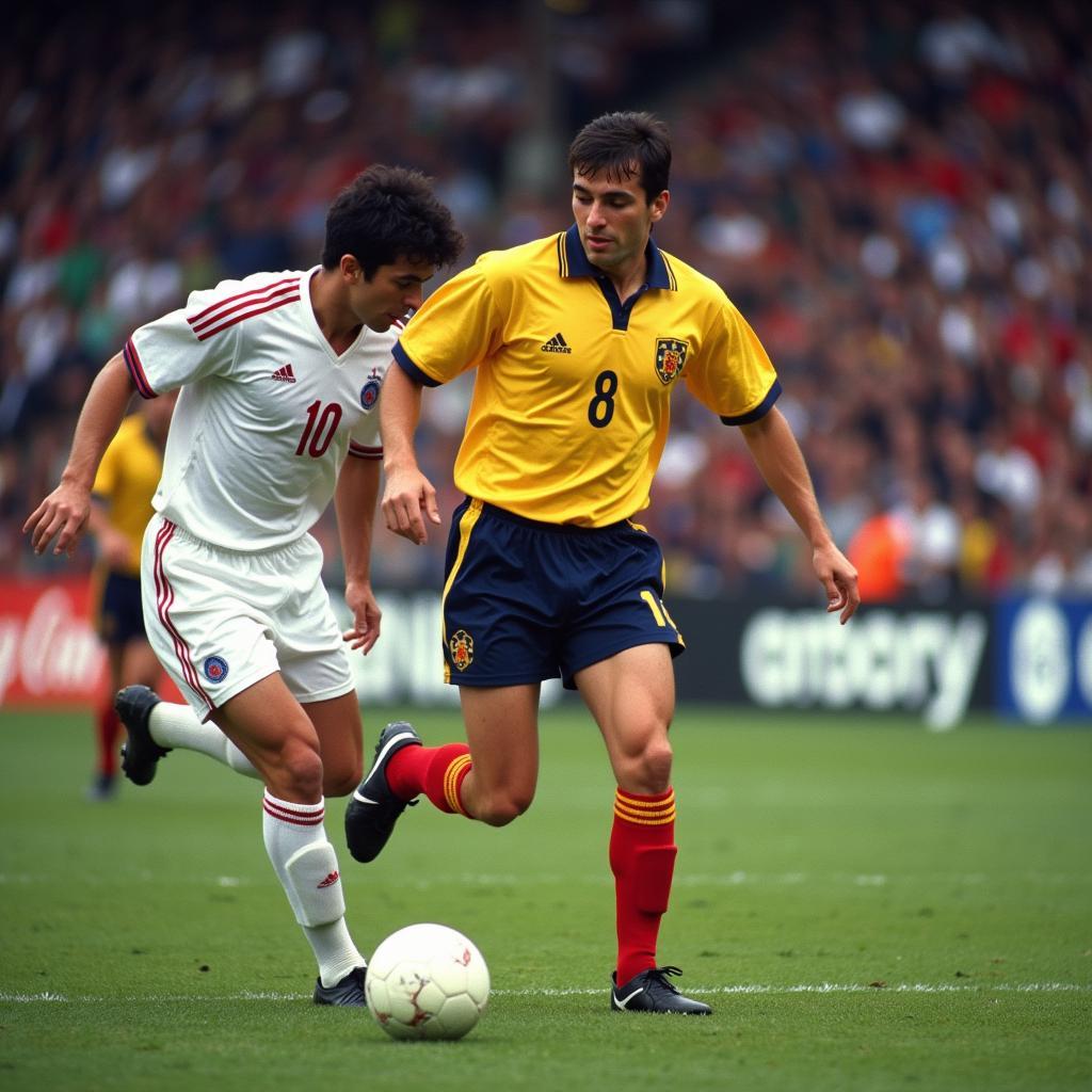 Gheorghe Hagi dribbling past a defender during a World Cup match.