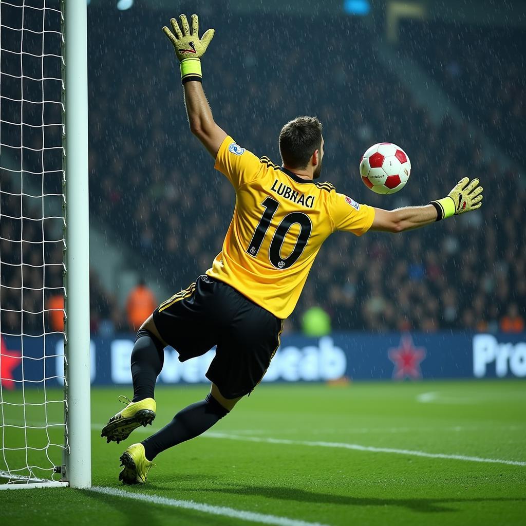 Goalkeeper Catching Ball in Rainy Conditions