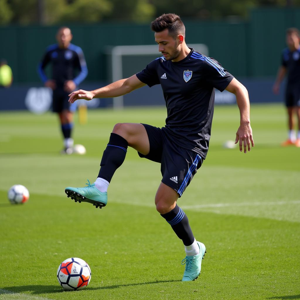 Intense physical training of a footballer focused on speed and agility exercises