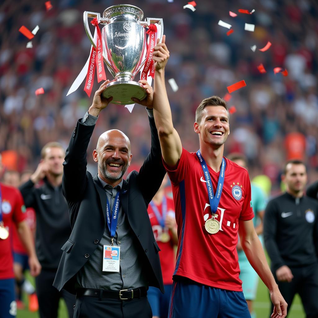 Guardiola and Haaland with a Trophy