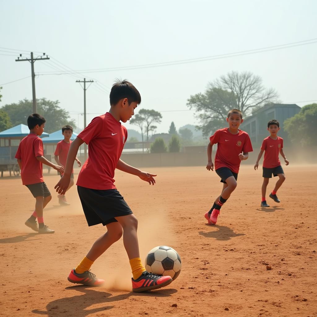 Ha Tinh Football Field - Youth players practicing on a local football field in Ha Tinh, Vietnam.