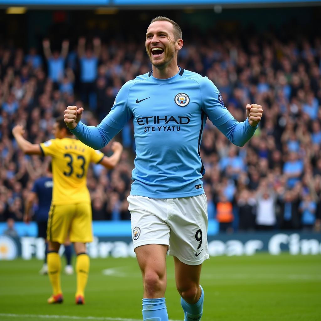 Erling Haaland celebrating a goal in his Man City number 9 shirt