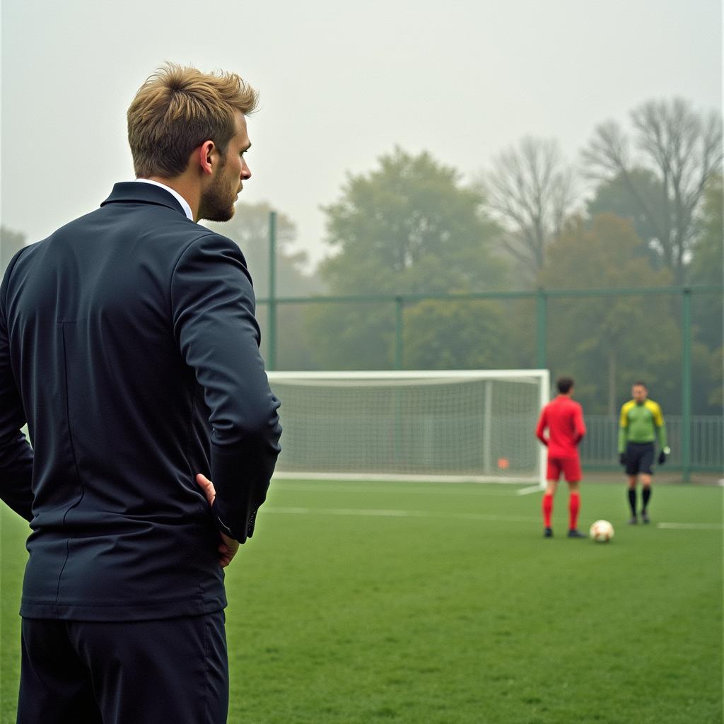 Haaland analyzing the free-kick wall and referee spray