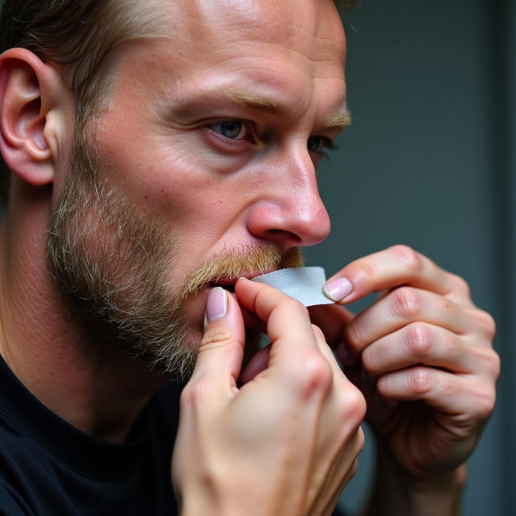 Erling Haaland applying mouth tape before a game