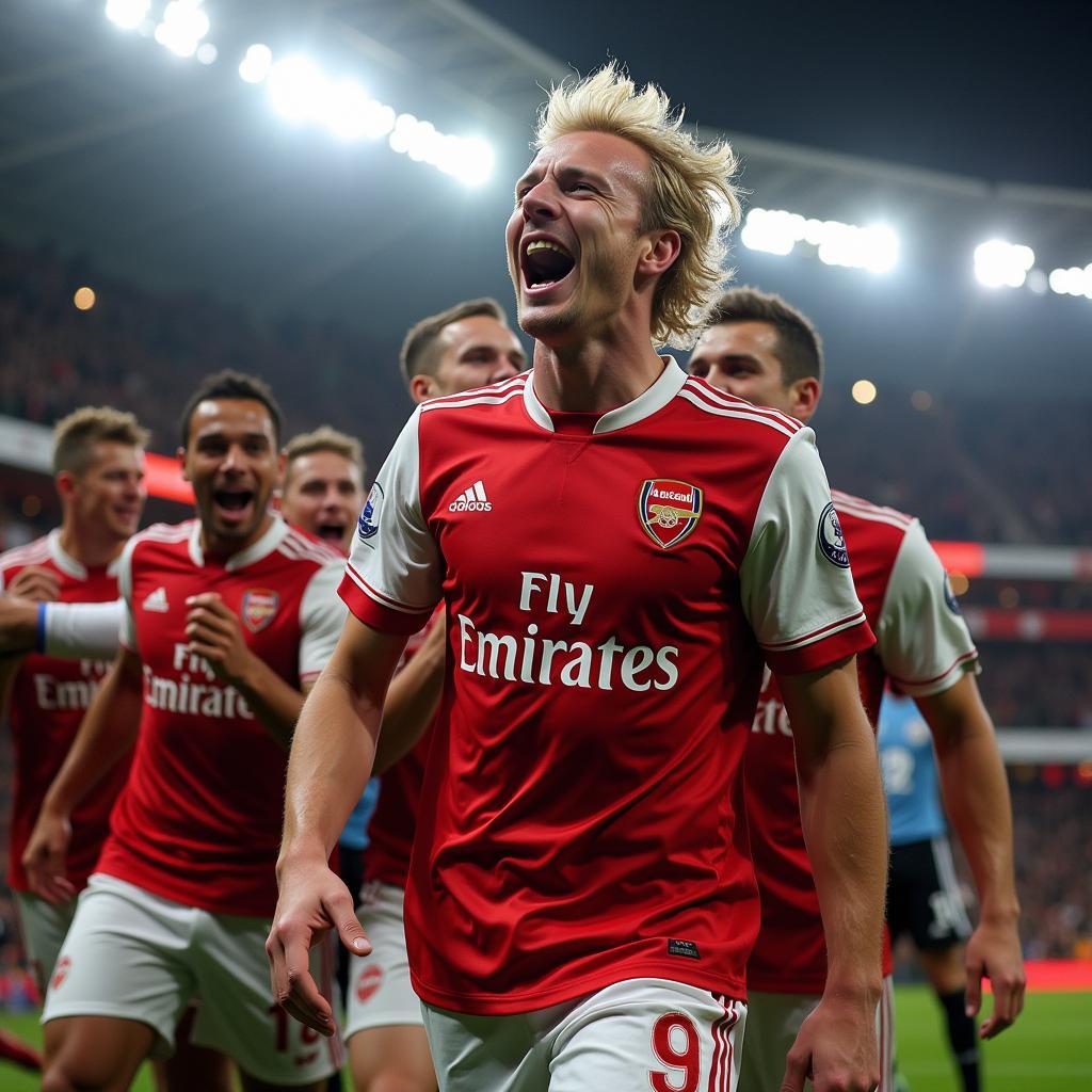 Haaland Celebrates a Champions League Goal in an Arsenal Jersey