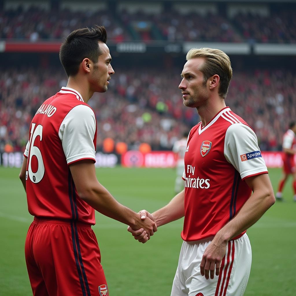 Haaland shaking hands with an Arsenal player