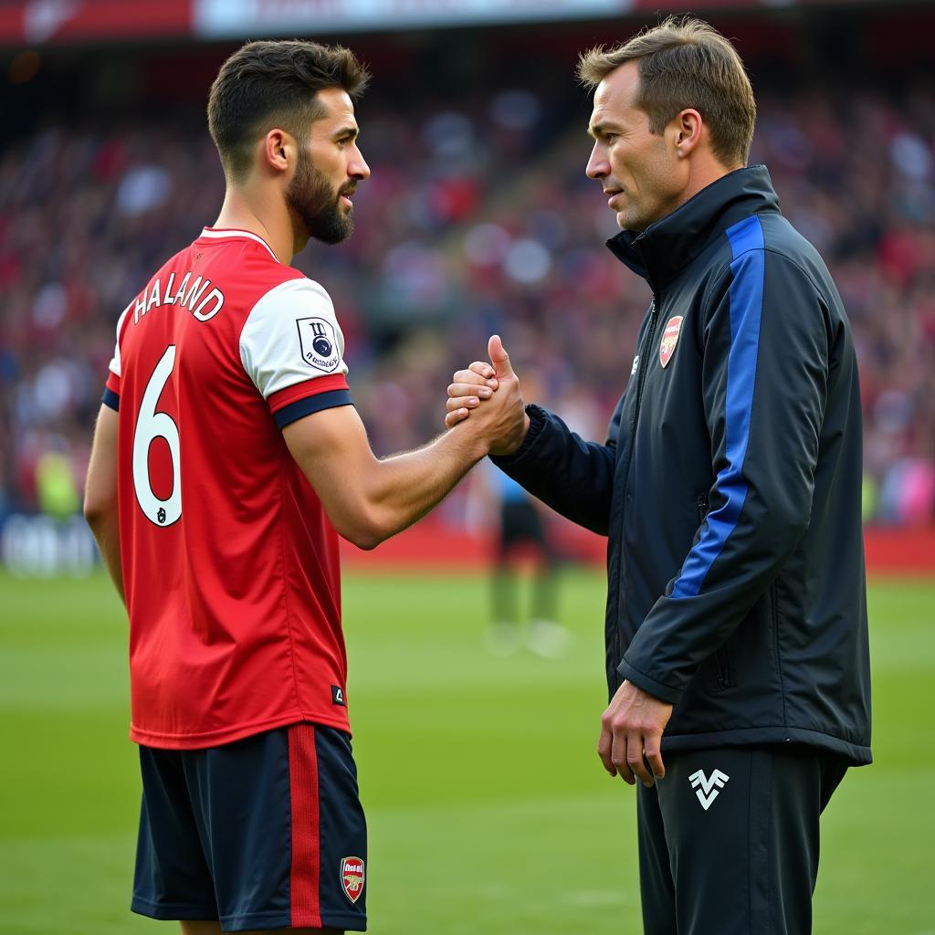 Haaland shaking hands with Arsenal captain before a UCL match