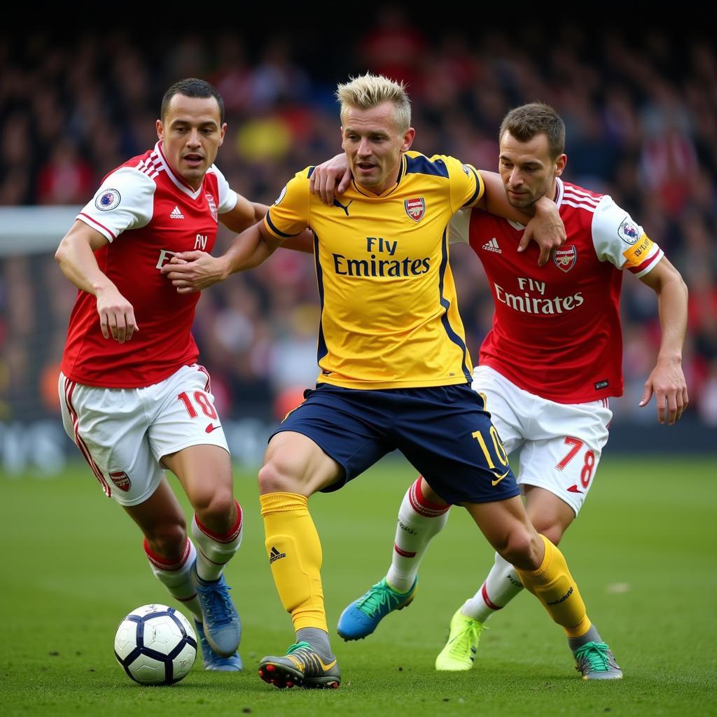 Haaland and Arsenal players competing in a Champions League match