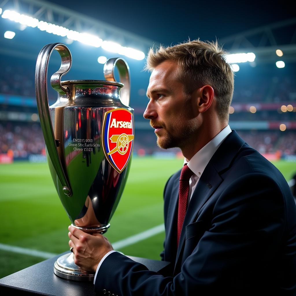 Haaland looking at the UCL trophy with an Arsenal badge superimposed