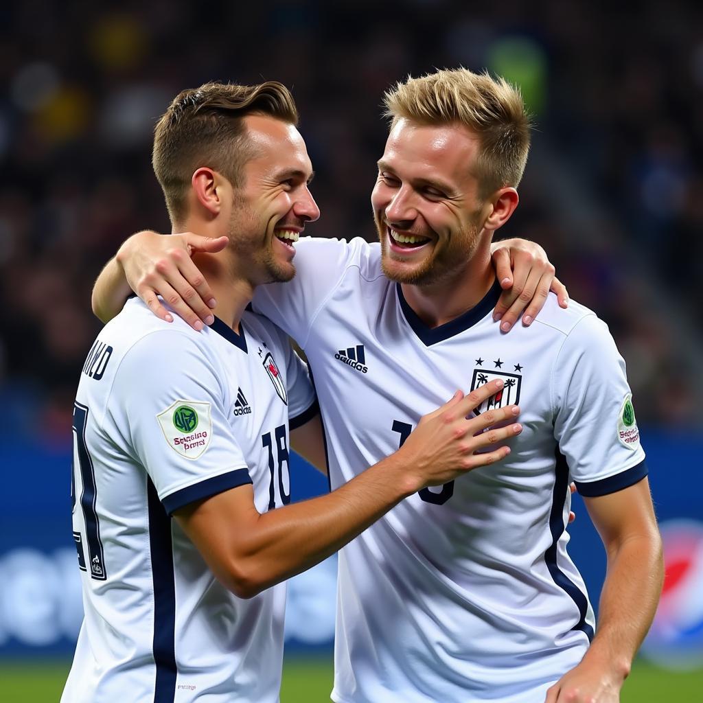 Haaland celebrating an assist with a teammate