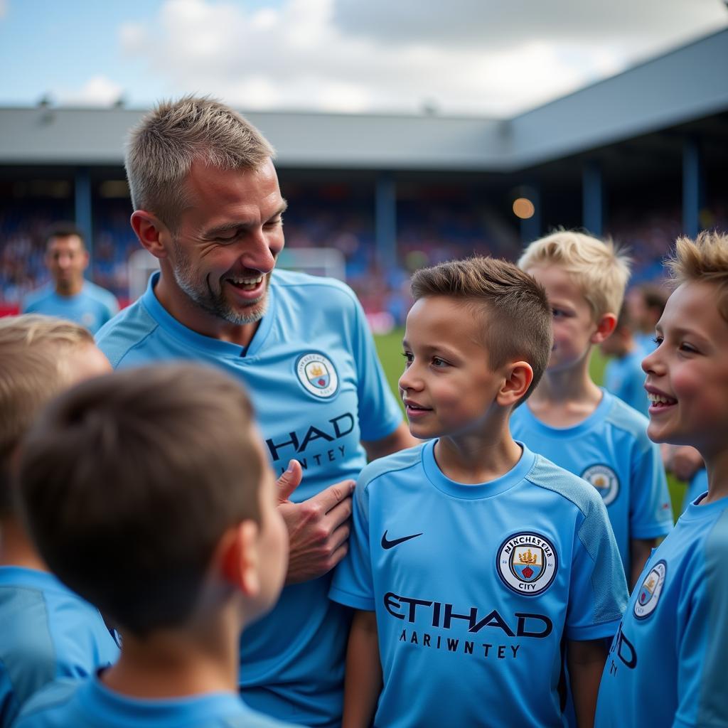 Erling Haaland interacting with fans wearing the away kit.