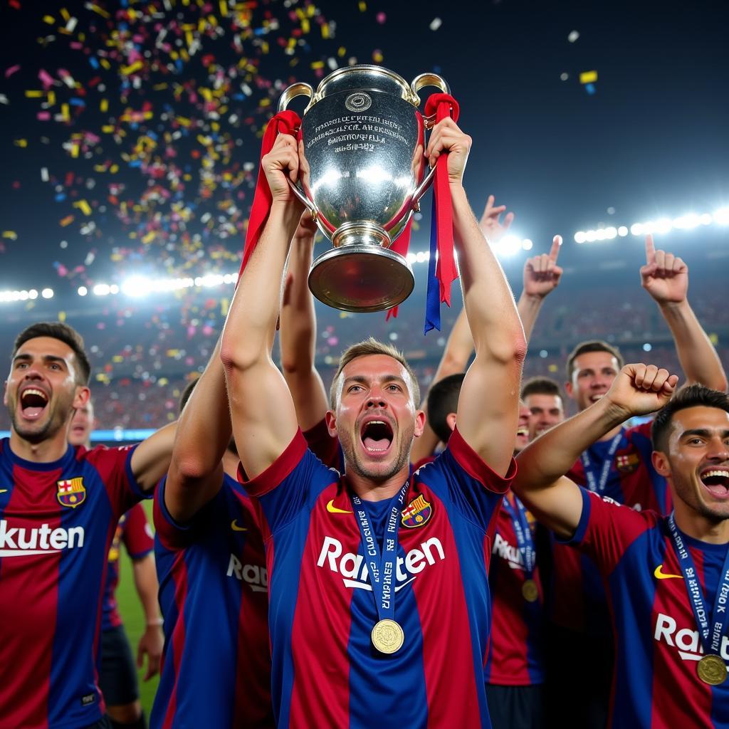 Erling Haaland celebrating a Champions League victory with Barcelona teammates, holding the trophy aloft.