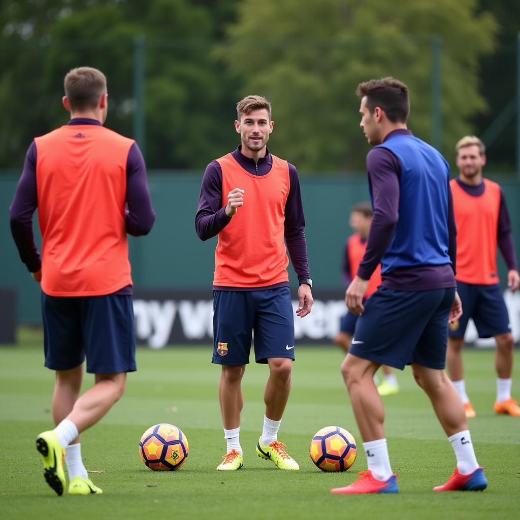 Erling Haaland training with Barcelona teammates, focusing on passing drills.