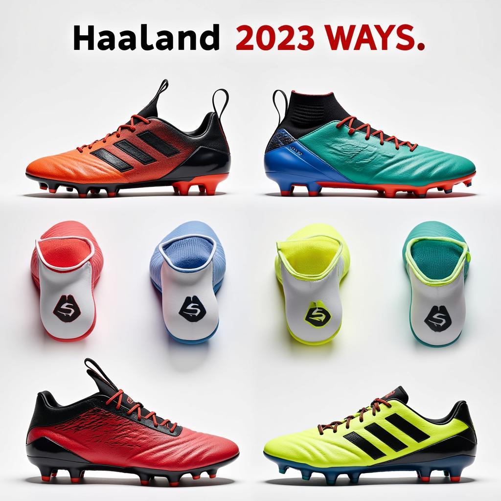 Different styles of Haaland's 2023 boots displayed