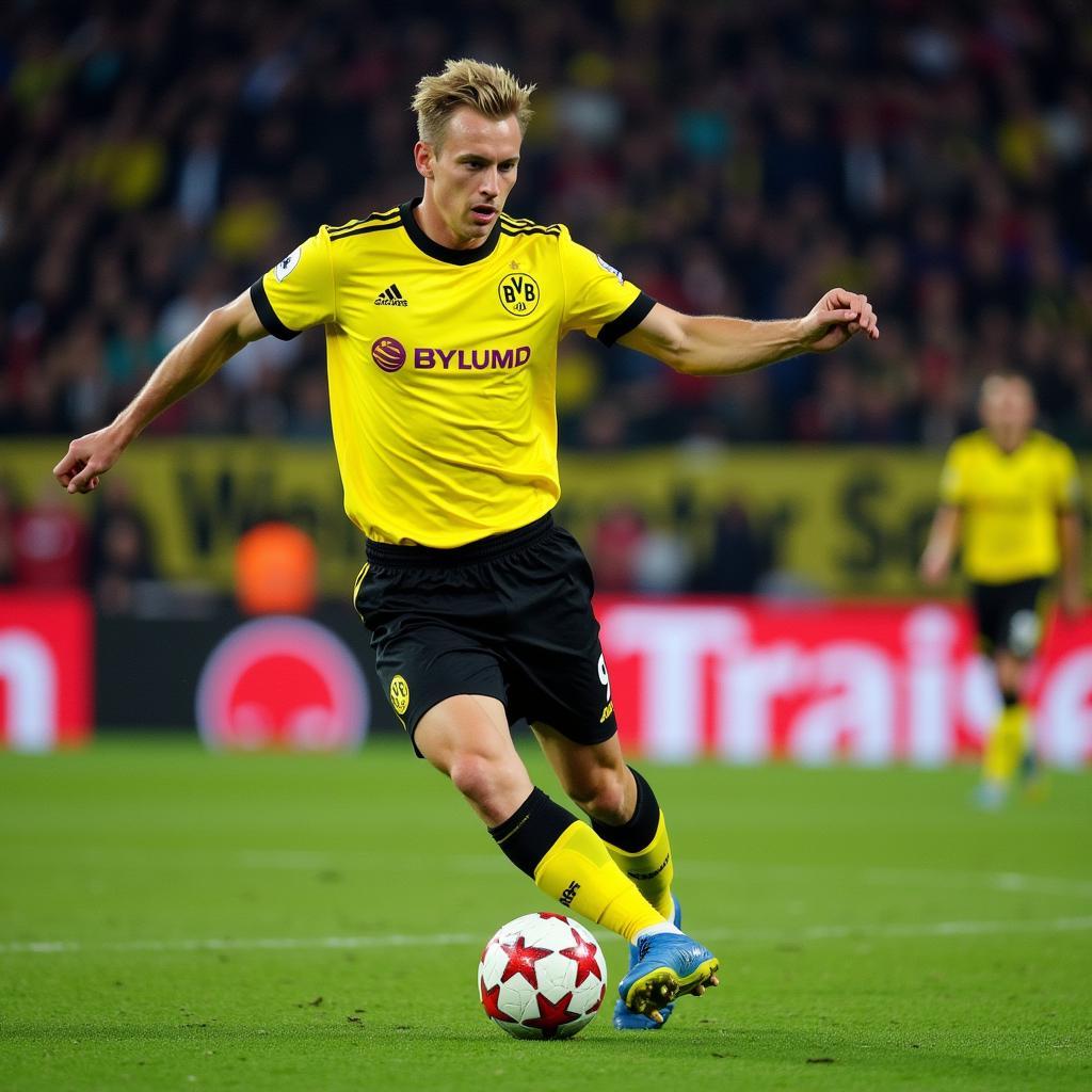 Erling Haaland scoring a goal for Borussia Dortmund.